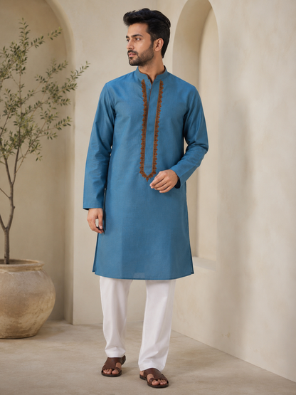 KOTTN Azure Blue Embroidered Kurta